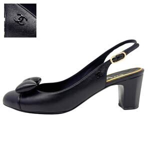 Chanel CC Logo Bow Black Gold Slingback Quilted Mary Jane Block Heels Loafers 38